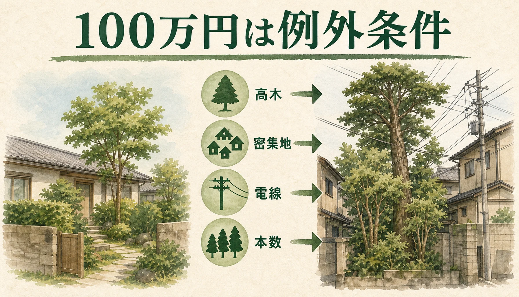 伐採費用100万円が例外的な高難易度現場で起こることを示す図