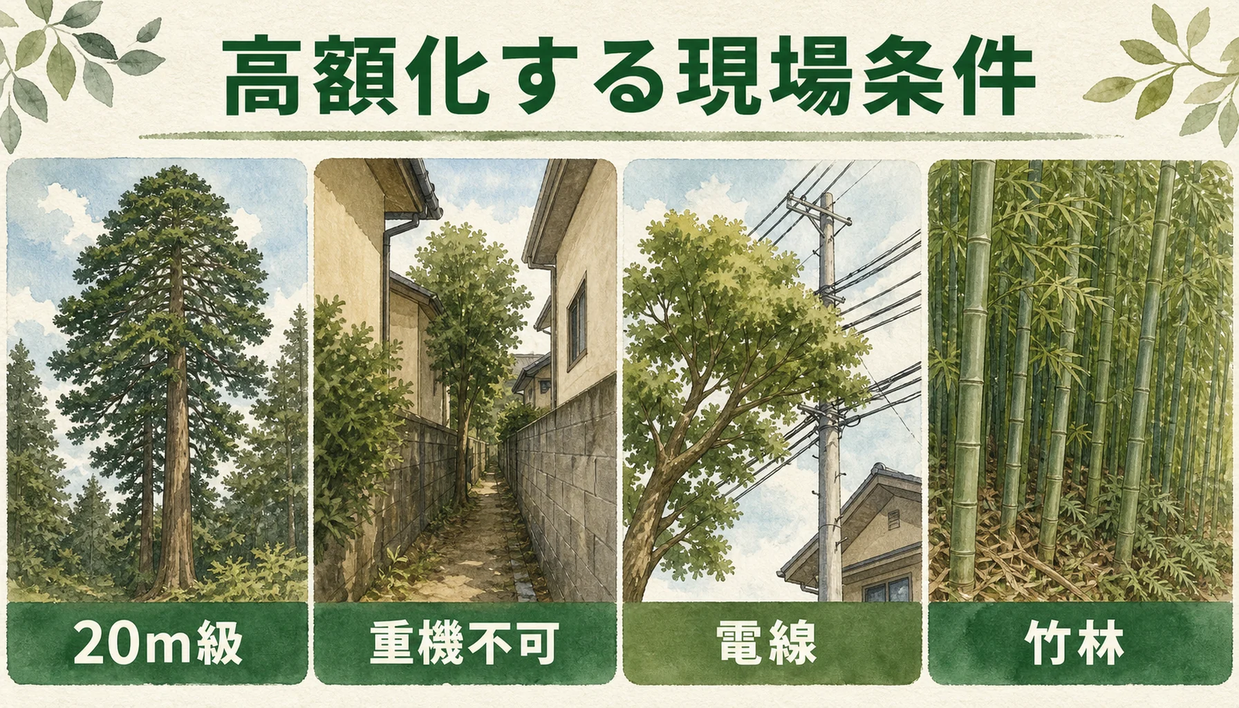伐採費用が高額化する現場条件を示す図