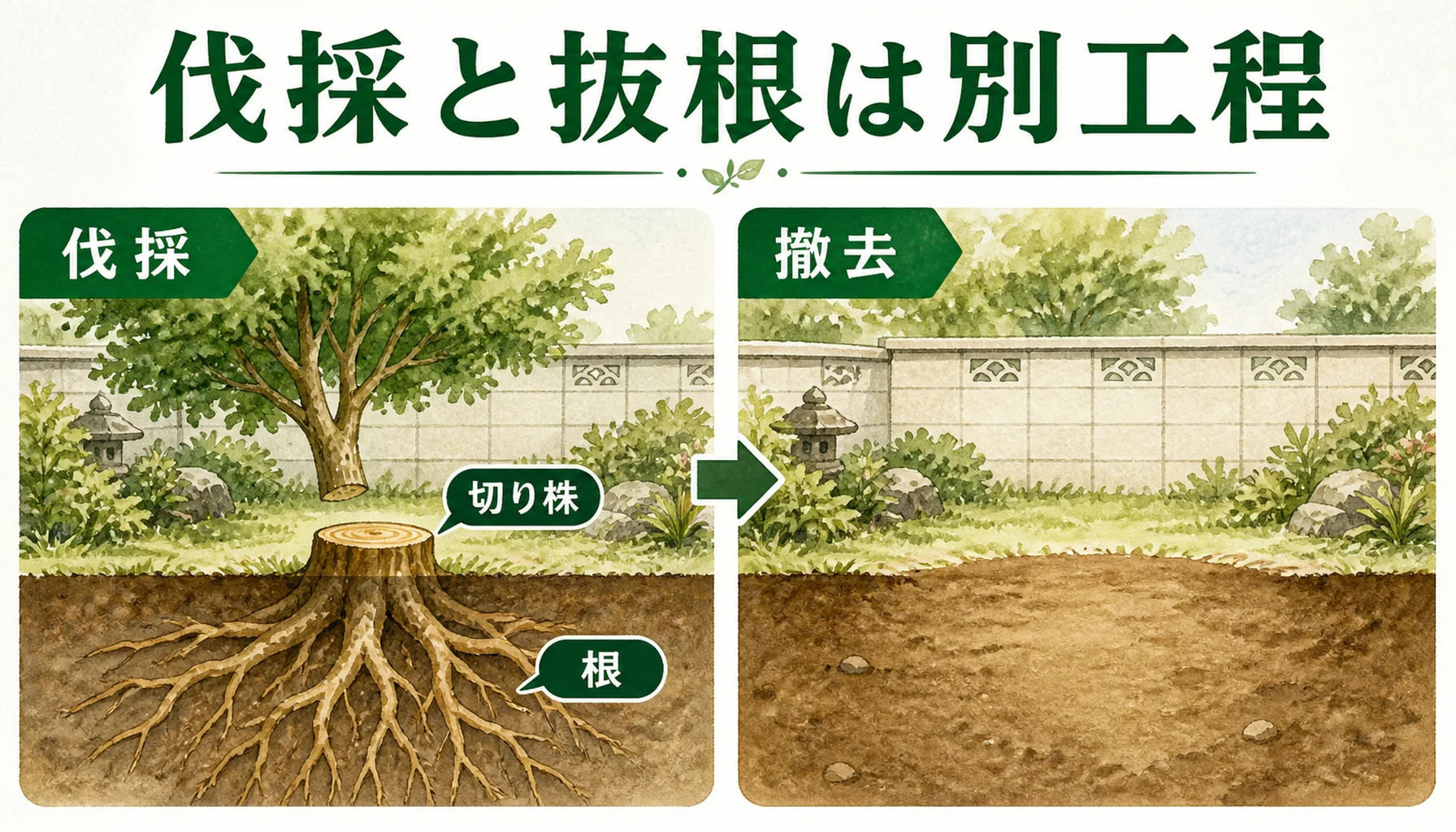 抜根の費用と業者の選び方｜伐採との違いと追加料金の条件