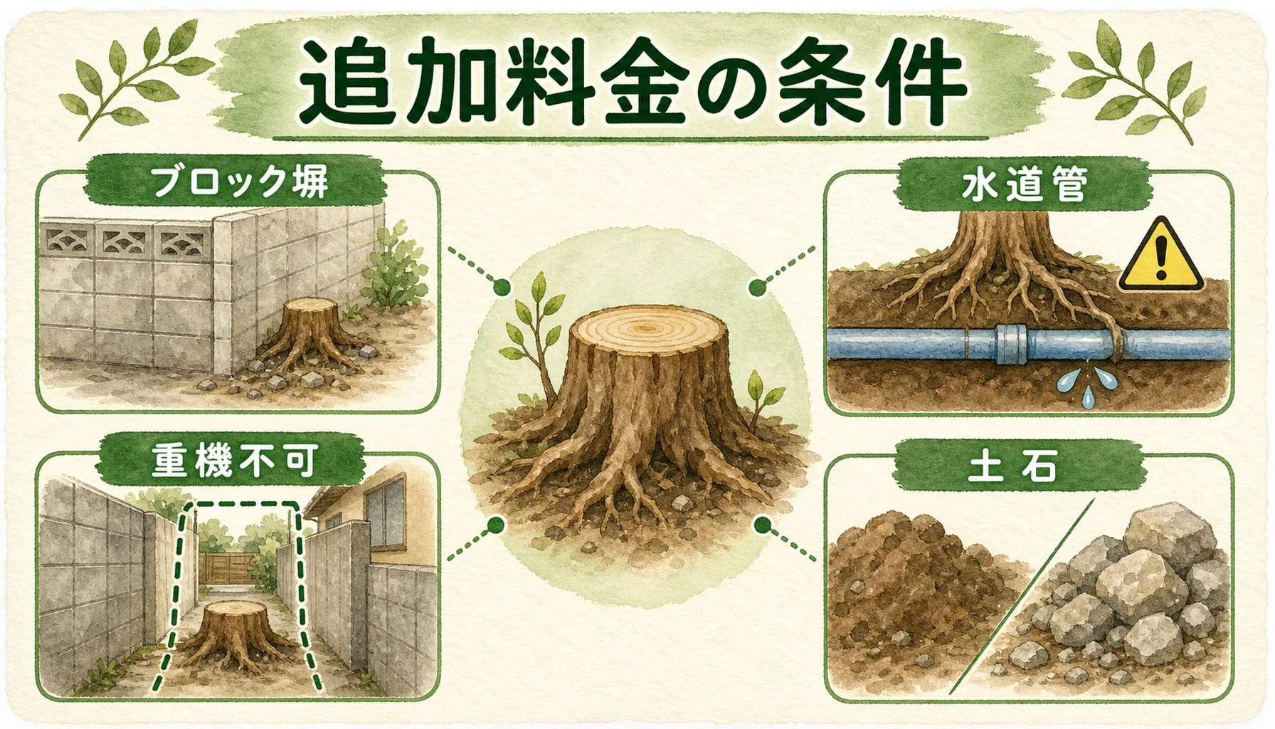 抜根で追加料金が発生しやすい条件を示す図