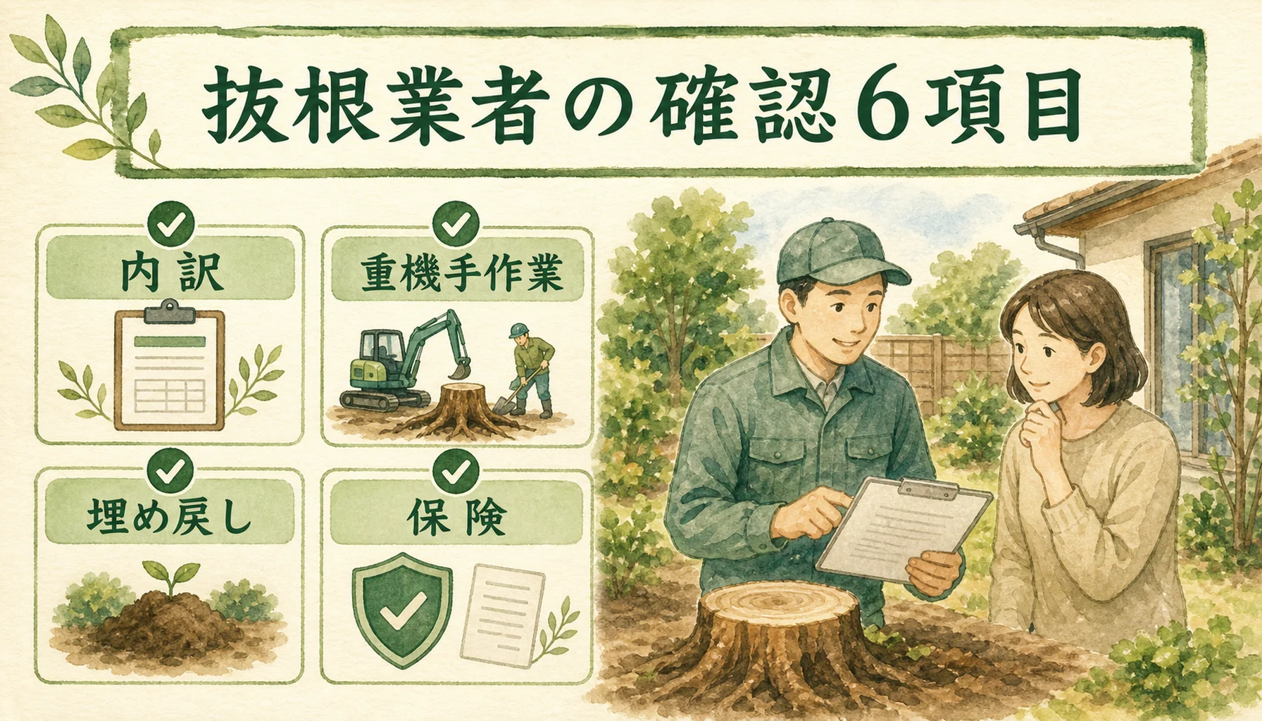 抜根業者選びで確認すべき項目を示す図