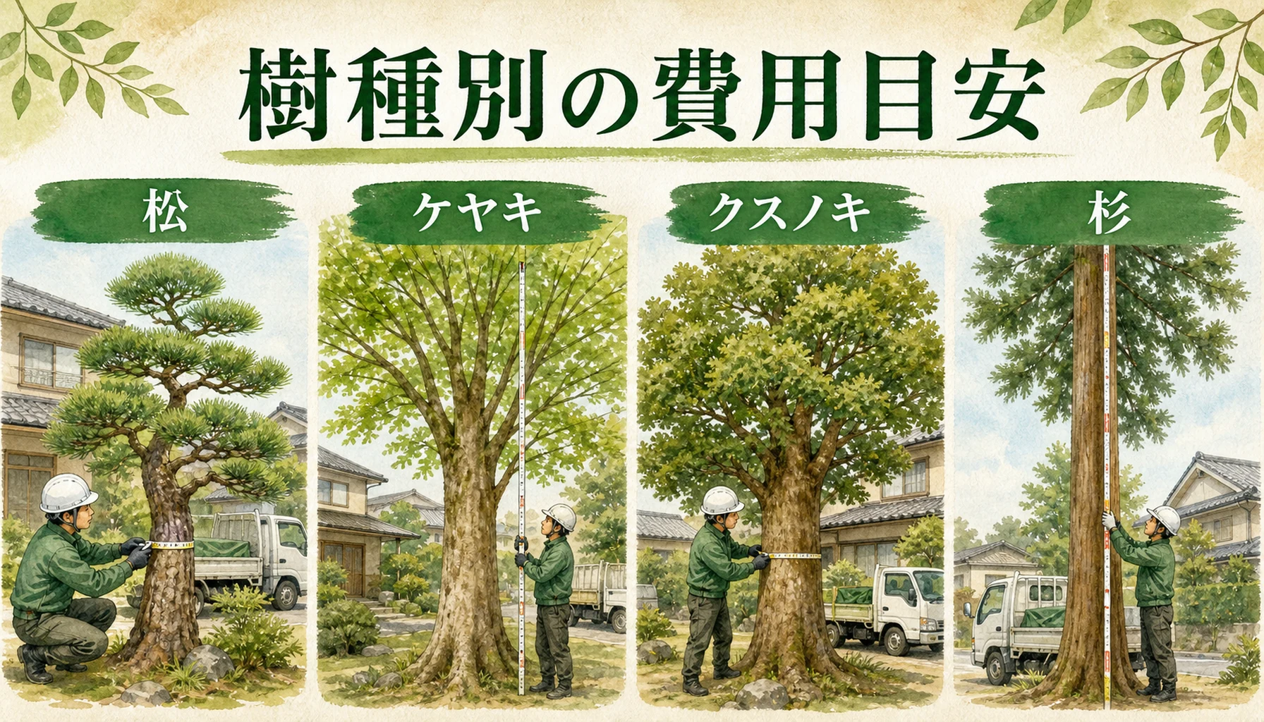 ケヤキ・クスノキ・杉・松の伐採費用の目安を樹種別に比較したENISIAの水彩図解