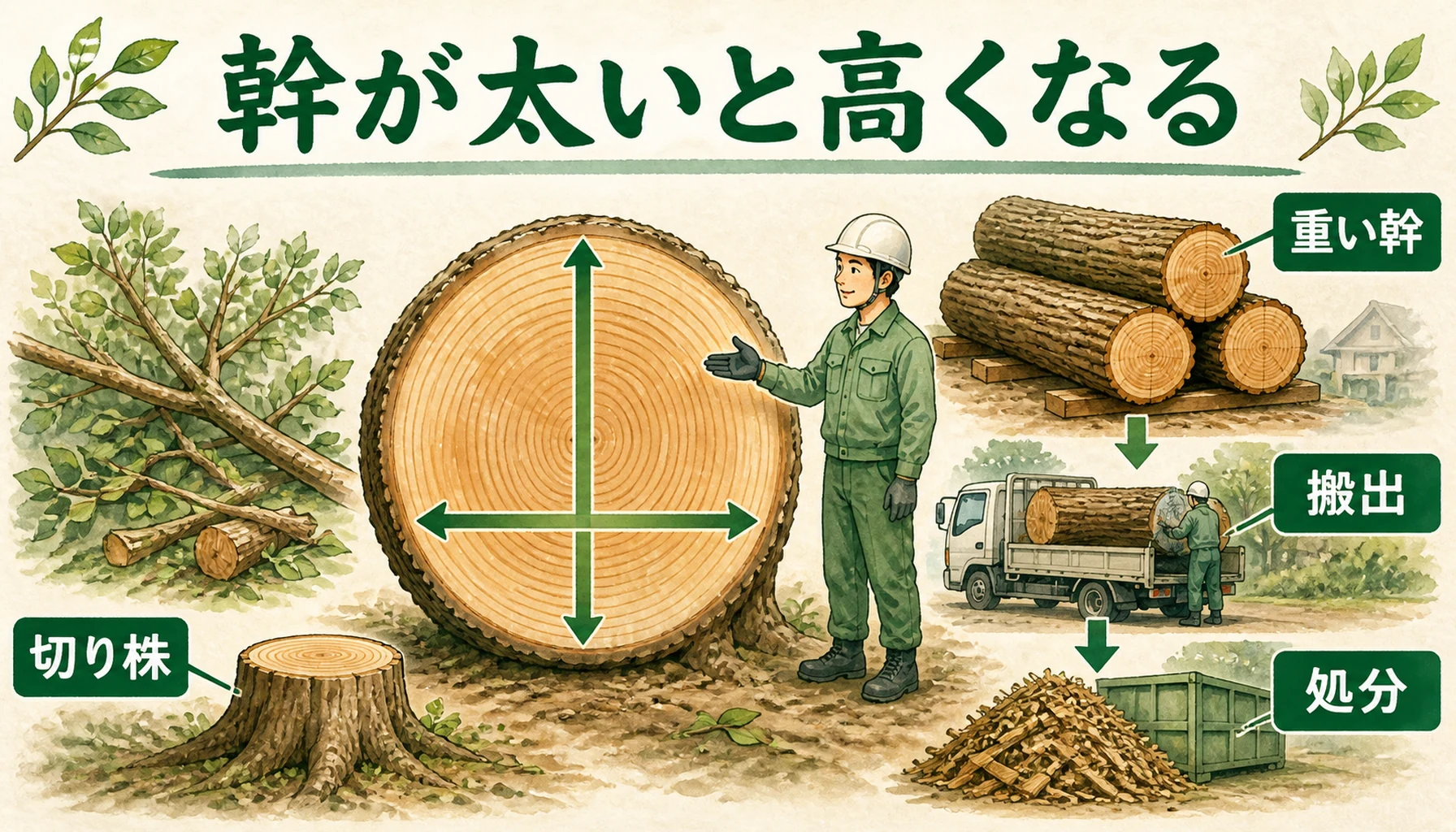 幹が太い木で費用が上がる理由を搬出・処分・切り株で示したENISIAの水彩図解