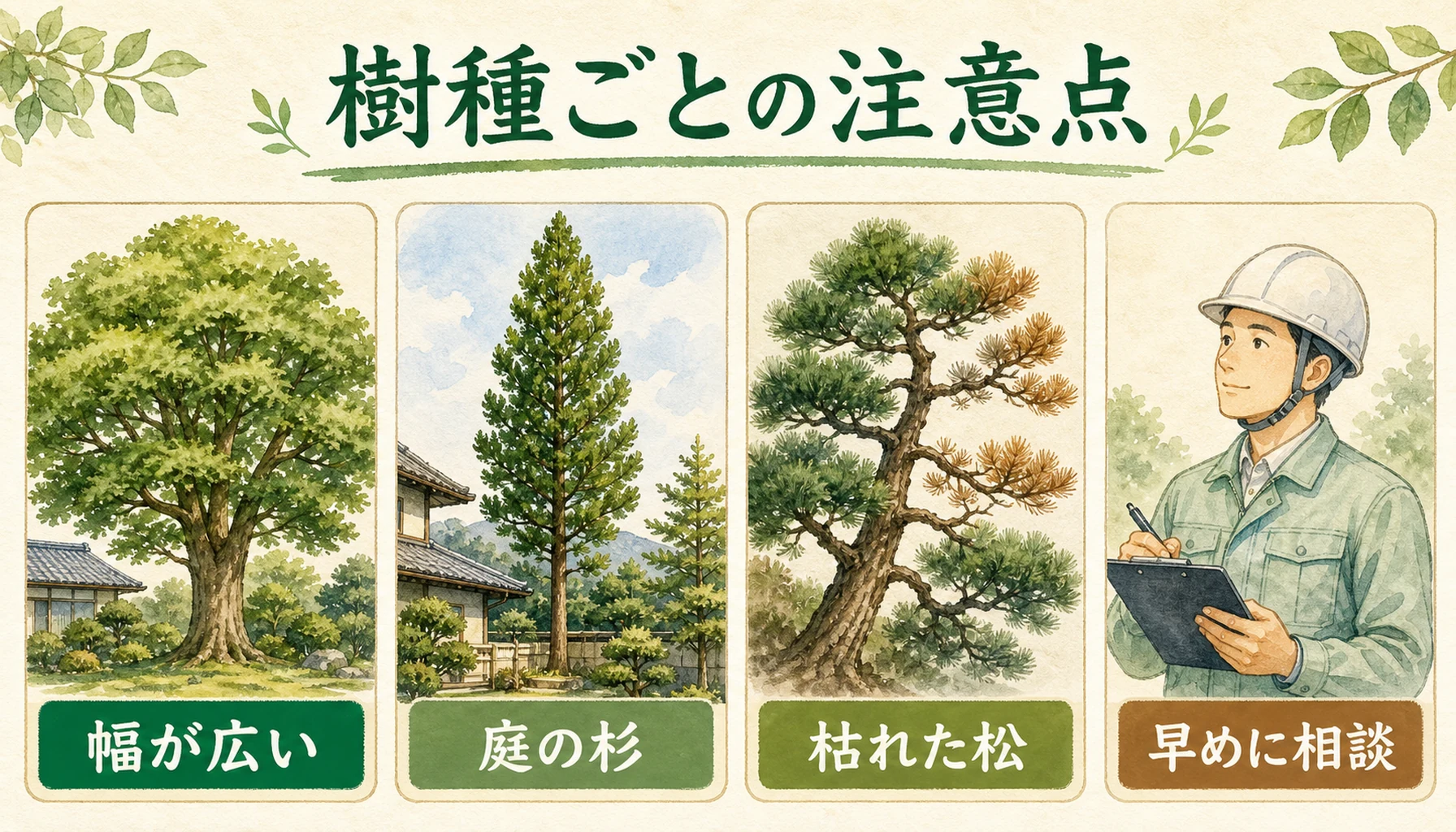 ケヤキ・クスノキ・杉・松の樹種ごとの注意点を示したENISIAの水彩図解