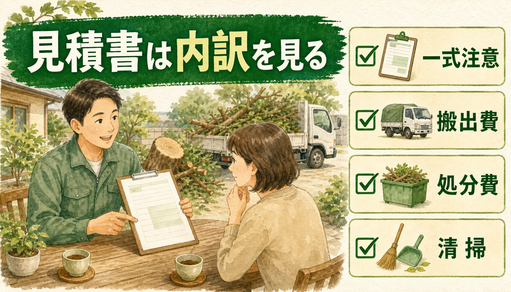 伐採見積書で一式表記に注意し搬出費・処分費・清掃を見ることを示したENISIAの水彩図解