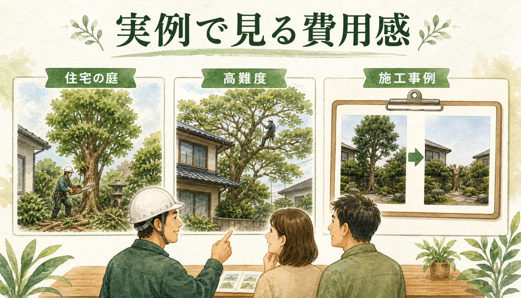 住宅の庭と高難度現場の施工事例で費用感を示したENISIAの水彩図解