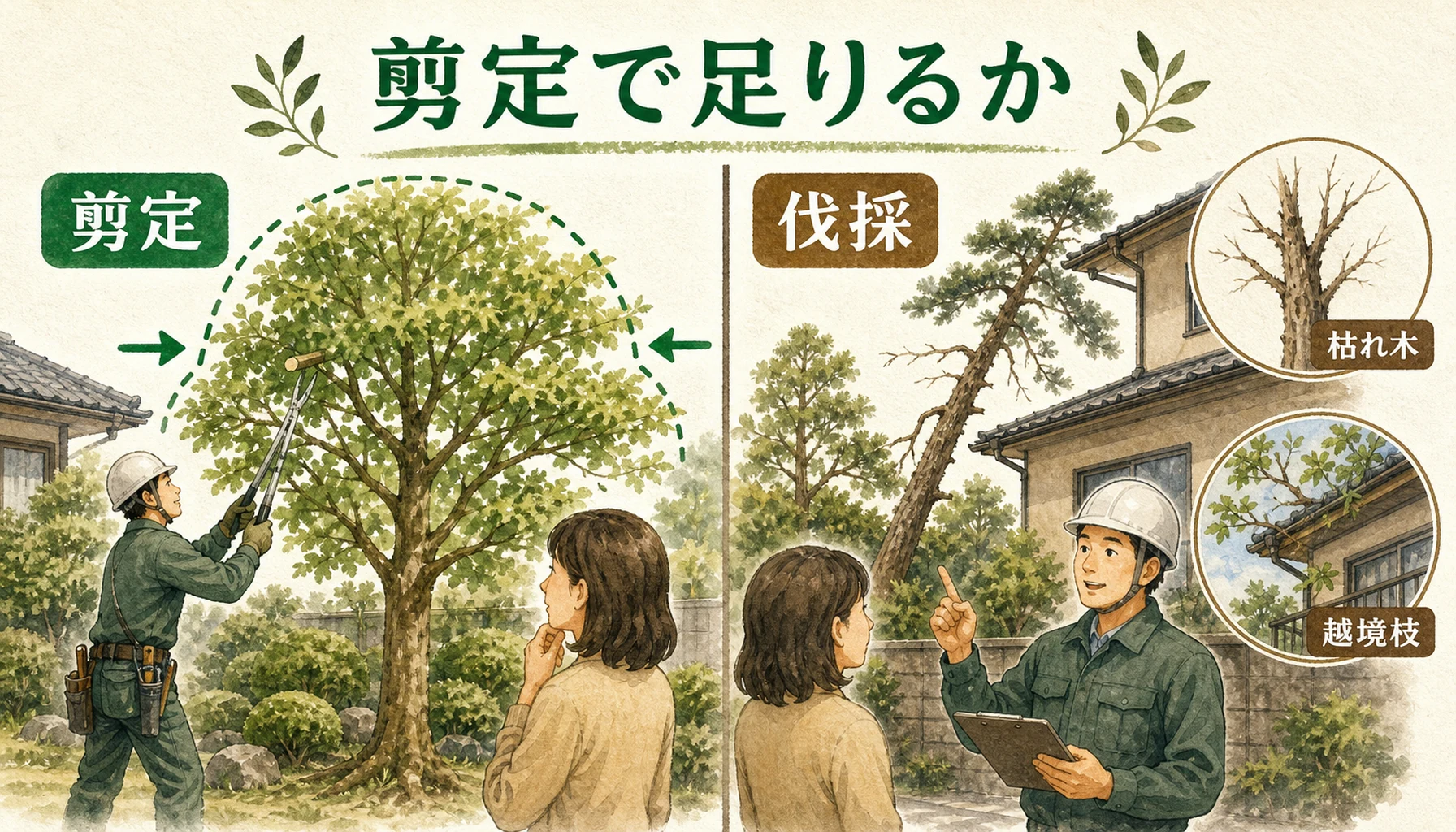 剪定で足りるケースと伐採が必要なケースを比較したENISIAの水彩図解