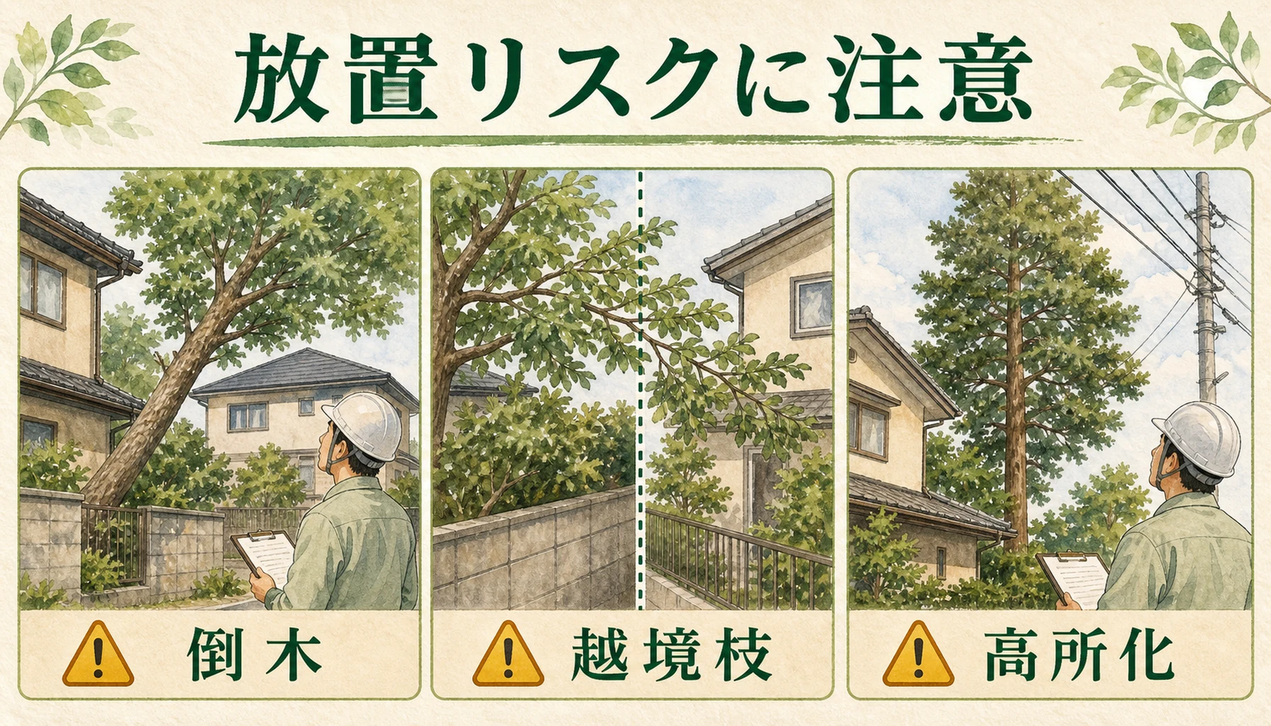 庭木を放置した場合の倒木・越境枝・高所化のリスクを示したENISIAの水彩図解