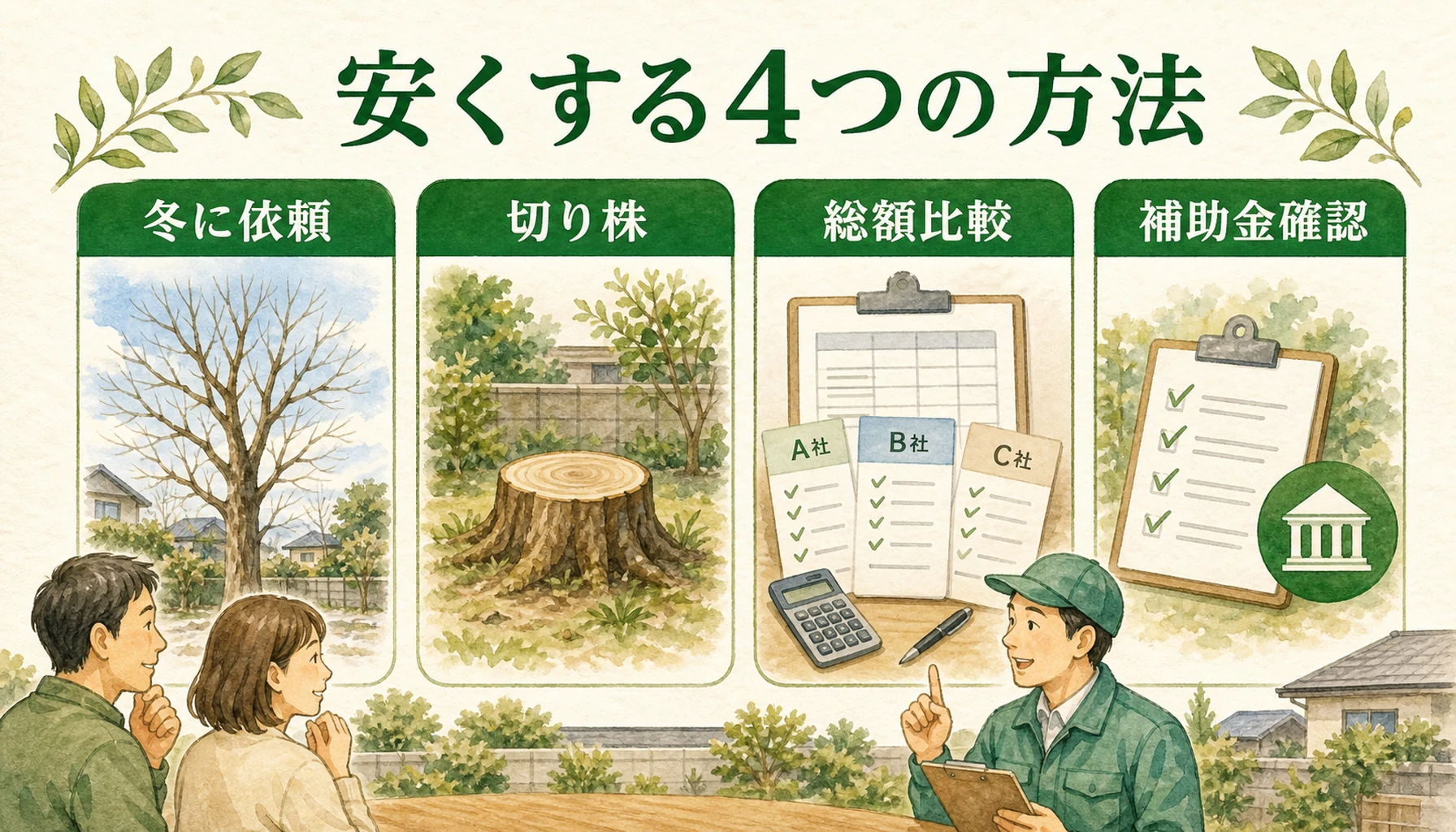 伐採費用を安くする方法として冬に依頼・切り株・総額比較・補助金確認を示したENISIAの水彩図解