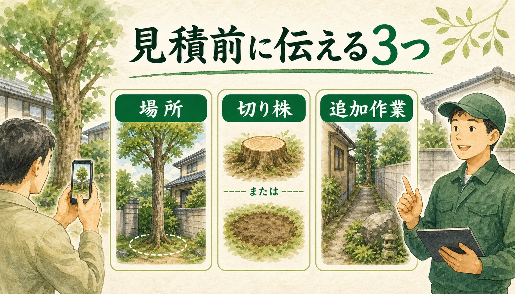 見積もり前に場所・切り株・追加作業を伝えることを示したENISIAの水彩図解
