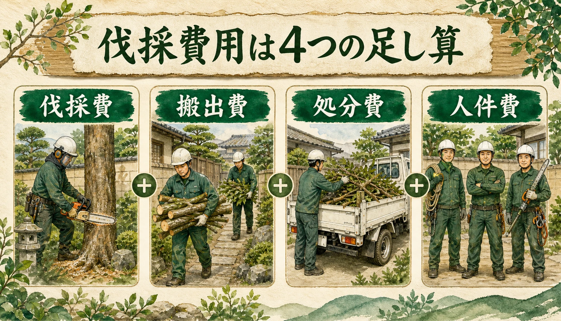 庭木の伐採費用の内訳を示した図解。伐採費・搬出費・処分費・人件費の4つの作業を水彩イラストで並べている