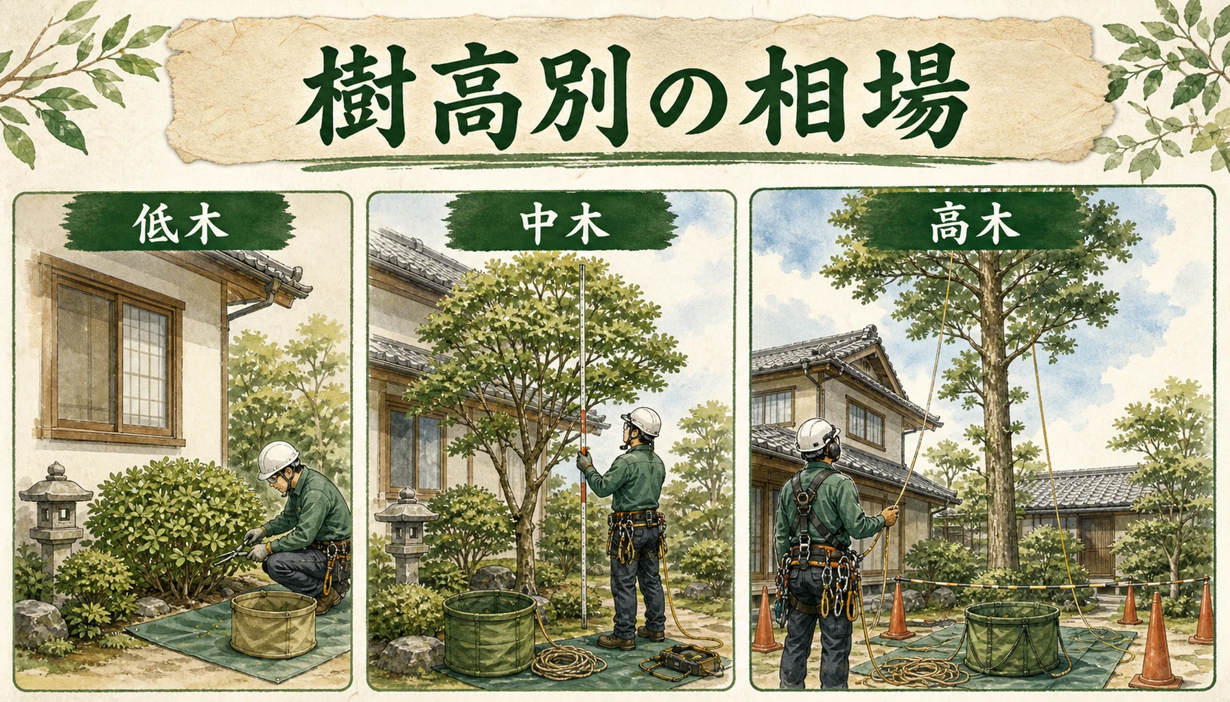 庭木の伐採費用の樹高別相場を低木・中木・高木で比較したENISIAの水彩図解
