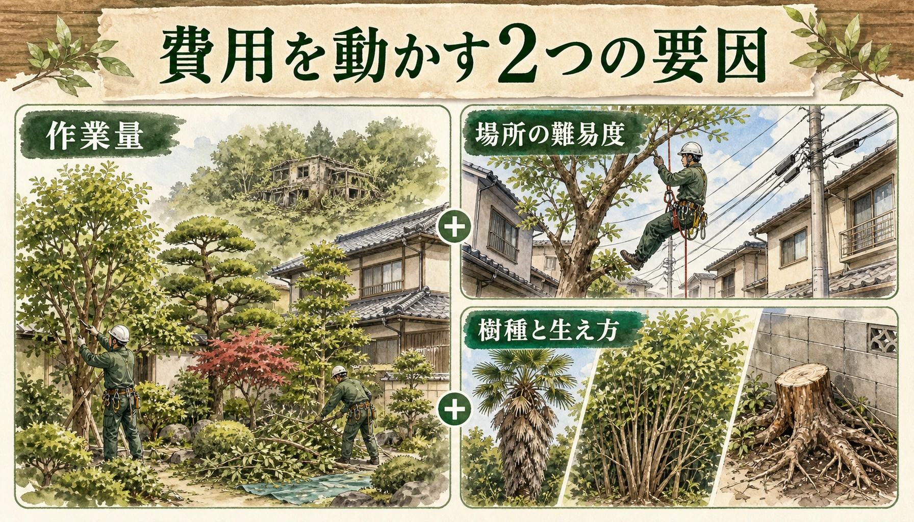 庭木の伐採費用を左右する2つの要因の図解。作業量(本数)と、場所・樹種による作業の難易度を水彩イラストで対比している