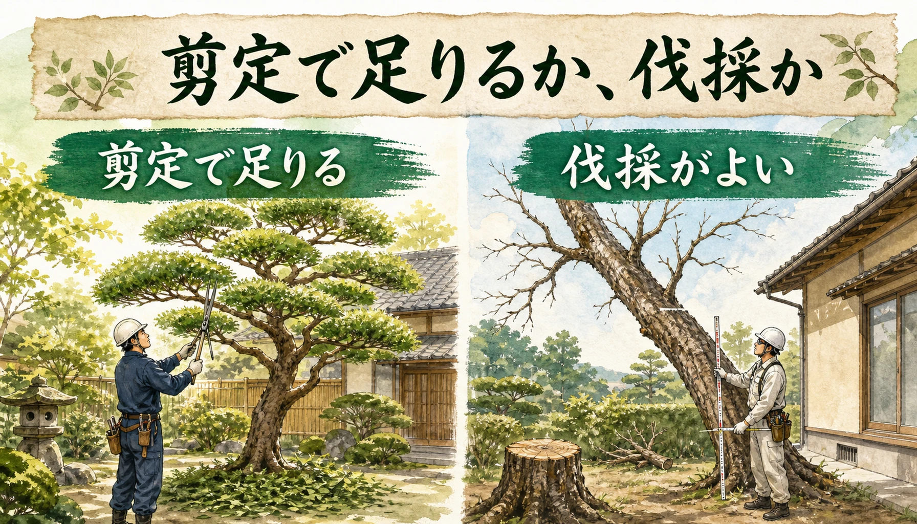 剪定で足りるケースと伐採したほうがよいケースを比較した図解。整えられた庭木と、枯れて傾いた木を水彩イラストで対比している