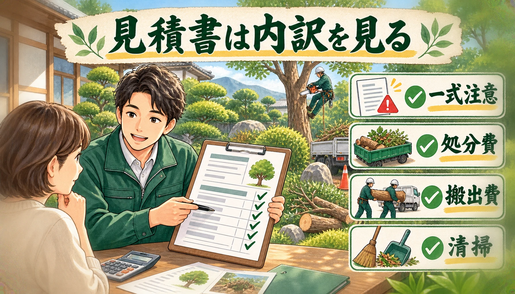 庭木伐採の見積書で一式表記に注意し、処分費・搬出費・清掃などの内訳を見ることを示したENISIAの水彩図解