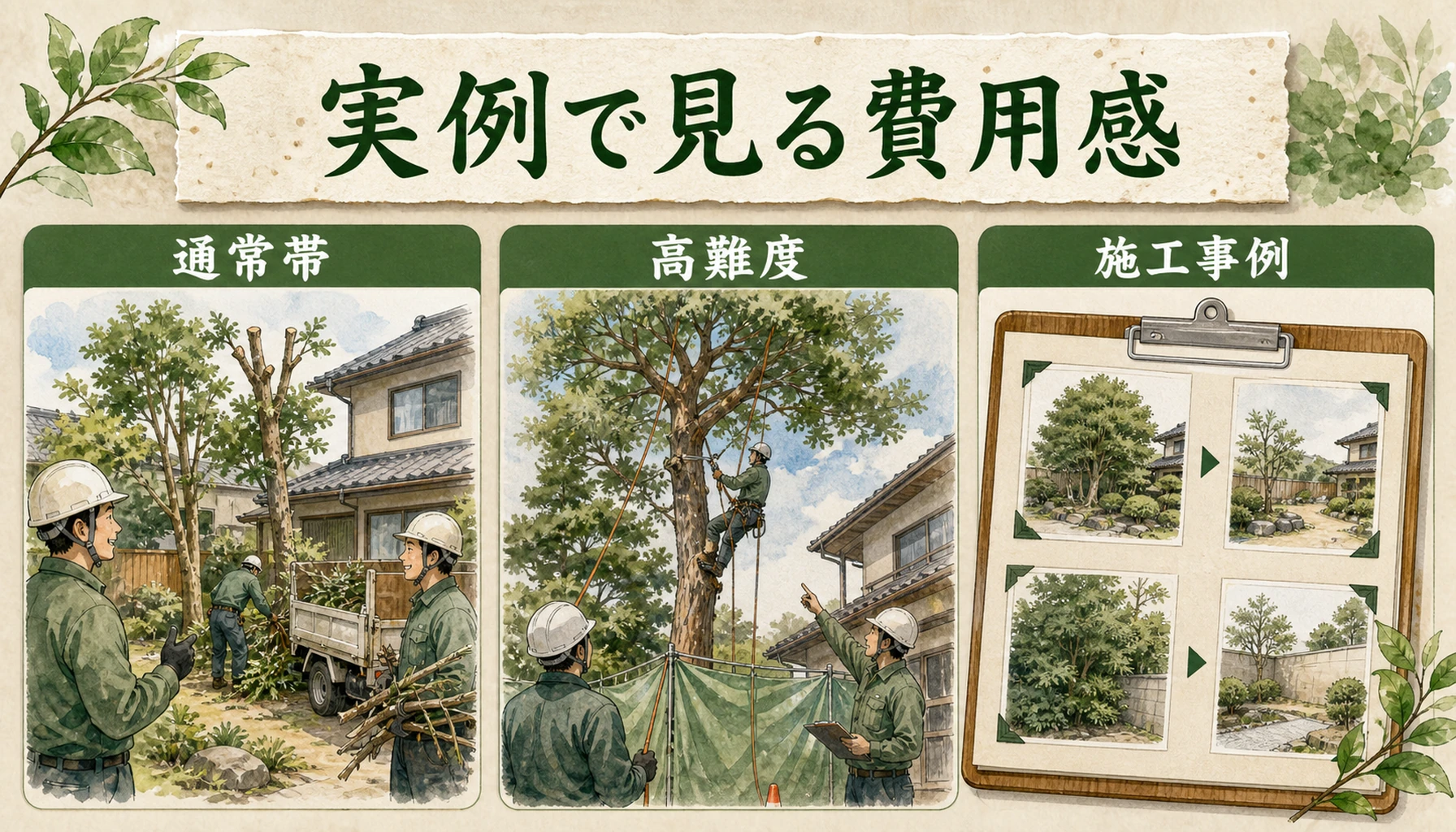庭木伐採の通常帯と高難度案件、施工事例を比較して費用感を伝えるENISIAの水彩図解