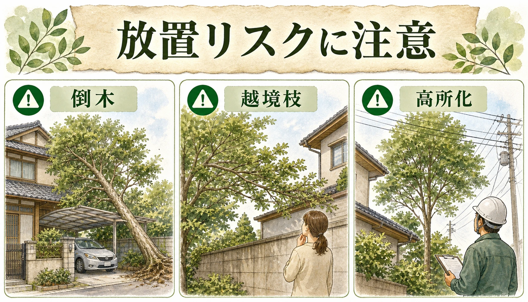 庭木を放置した場合の倒木・越境枝・高所化のリスクを示したENISIAの水彩図解