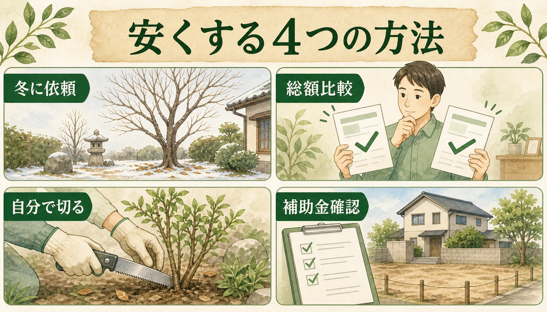 庭木の伐採費用を安くする4つの方法として冬に依頼・総額比較・自分で切る・補助金確認を示したENISIAの水彩図解