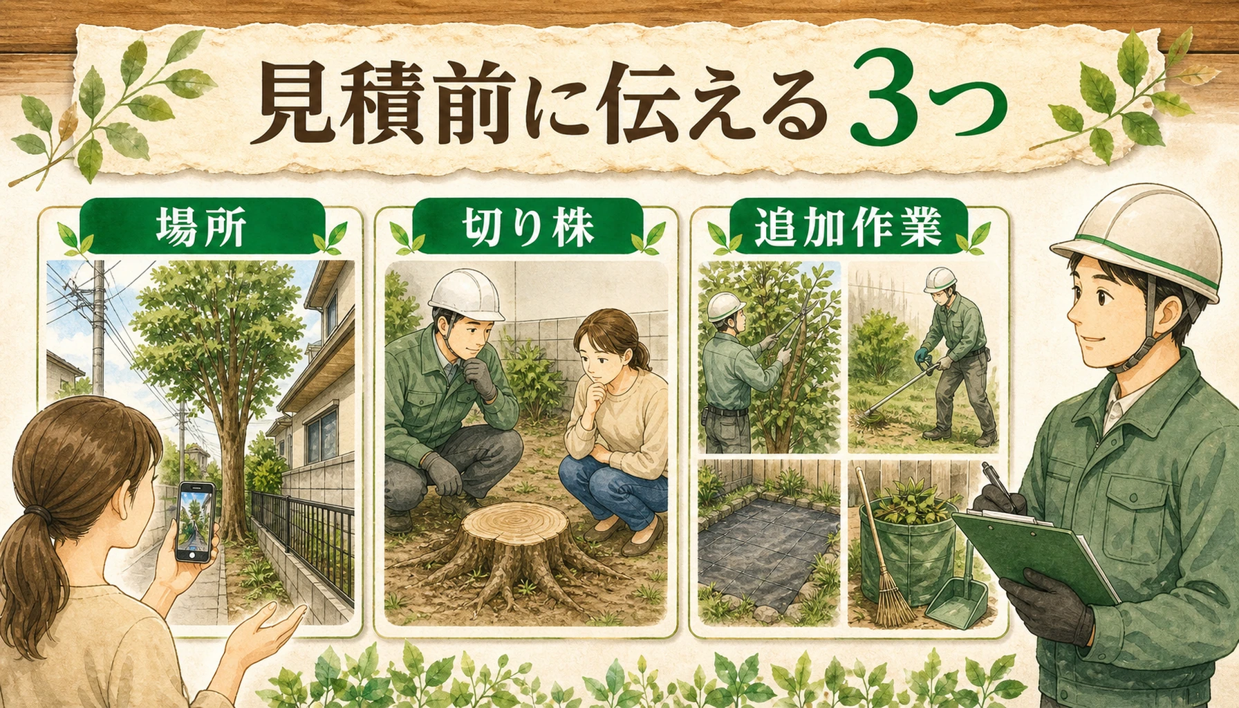 庭木伐採の見積もり前に場所・切り株・追加作業を伝えると早いことを示したENISIAの水彩図解
