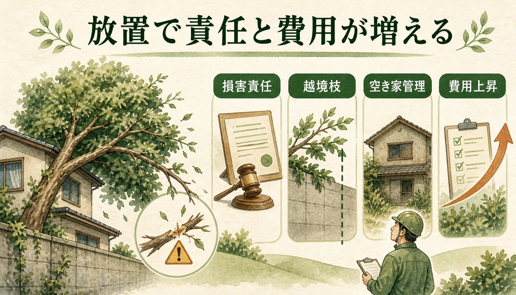 支障木を放置した場合の責任と費用上昇を示す図解
