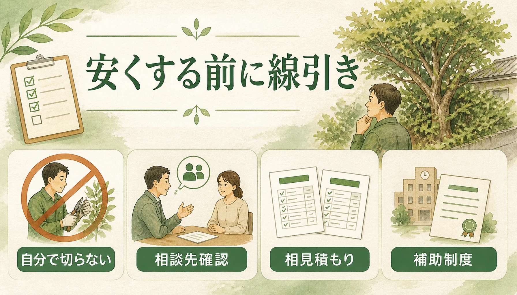 支障木処理の費用を抑えるための確認点を示す図解