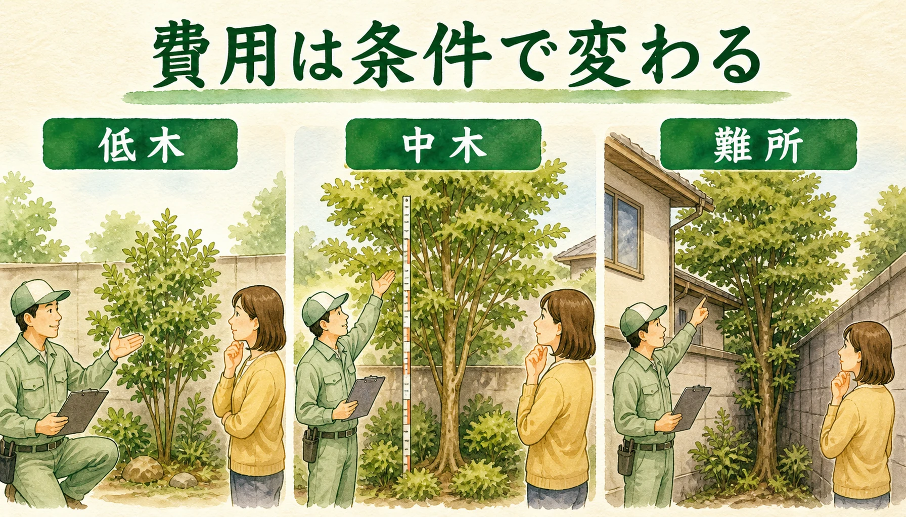 庭木の伐採費用が低木・中木・難所など条件で変わることを示したENISIAの水彩図解