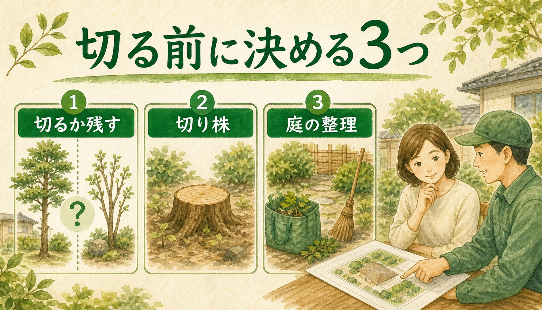 庭木を切る前に切るか残すか・切り株・庭の整理を決めることを示したENISIAの水彩図解