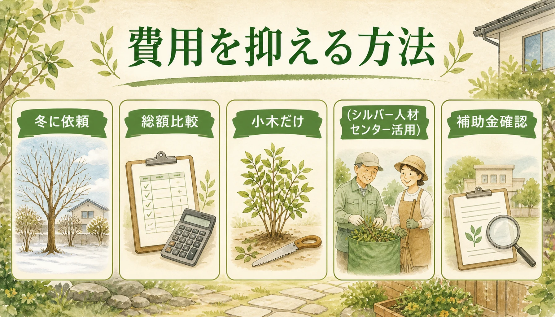 庭木の伐採費用を抑える方法を冬に依頼・総額比較・小木だけ・シルバー人材センター活用・補助金確認で示したENISIAの水彩図解