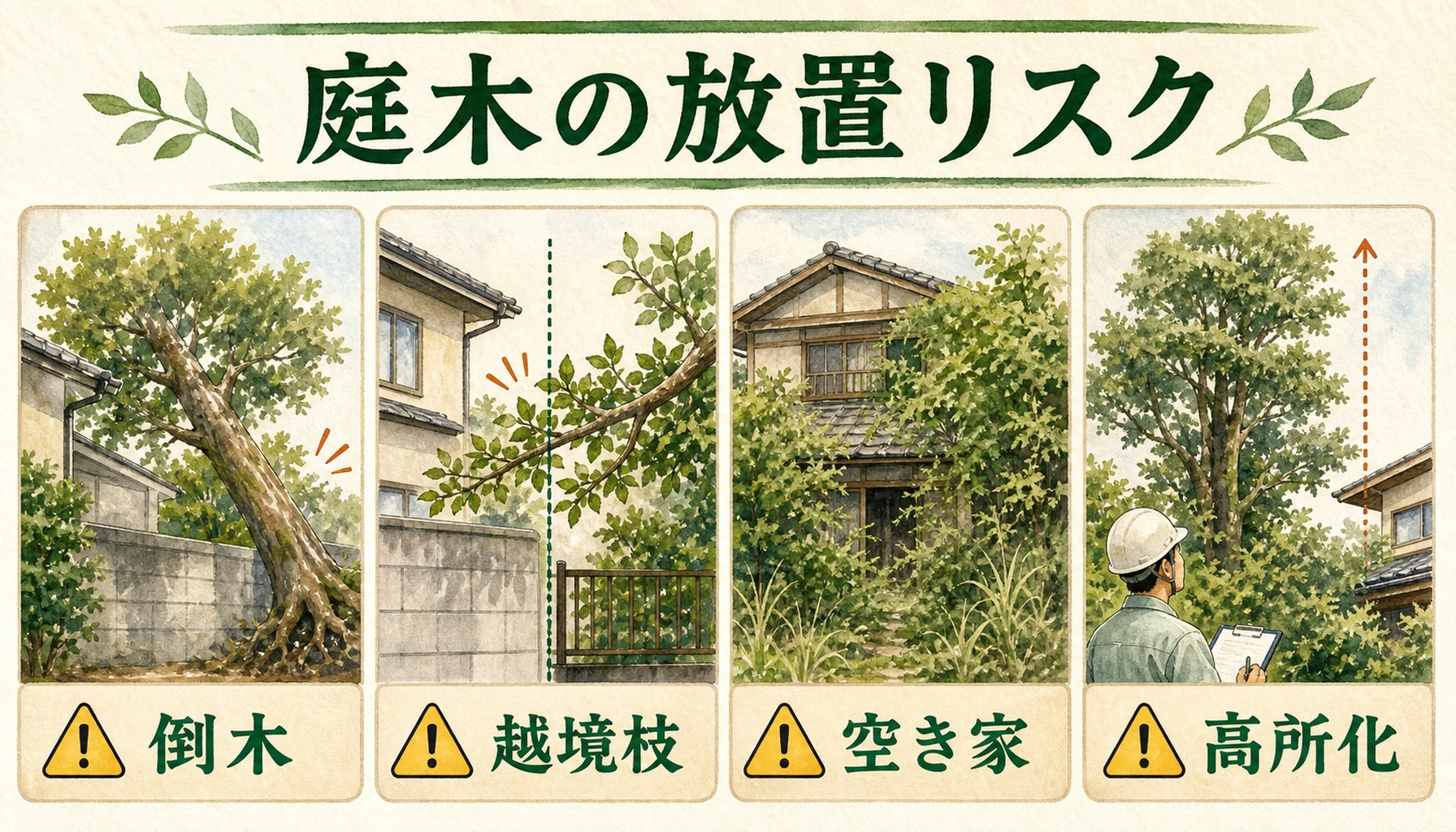 庭木を放置した場合の倒木・越境枝・空き家・高所化のリスクを示したENISIAの水彩図解