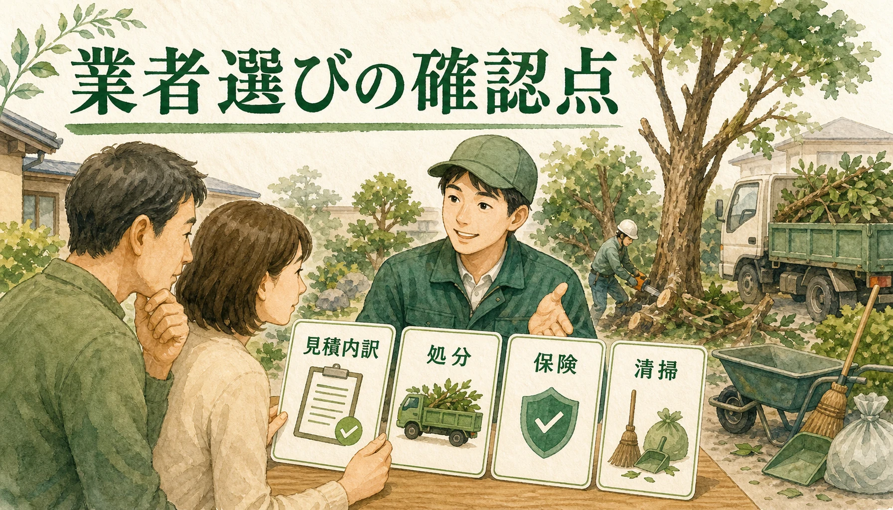 庭木伐採の業者選びで見積内訳・処分・保険・清掃を確認することを示したENISIAの水彩図解