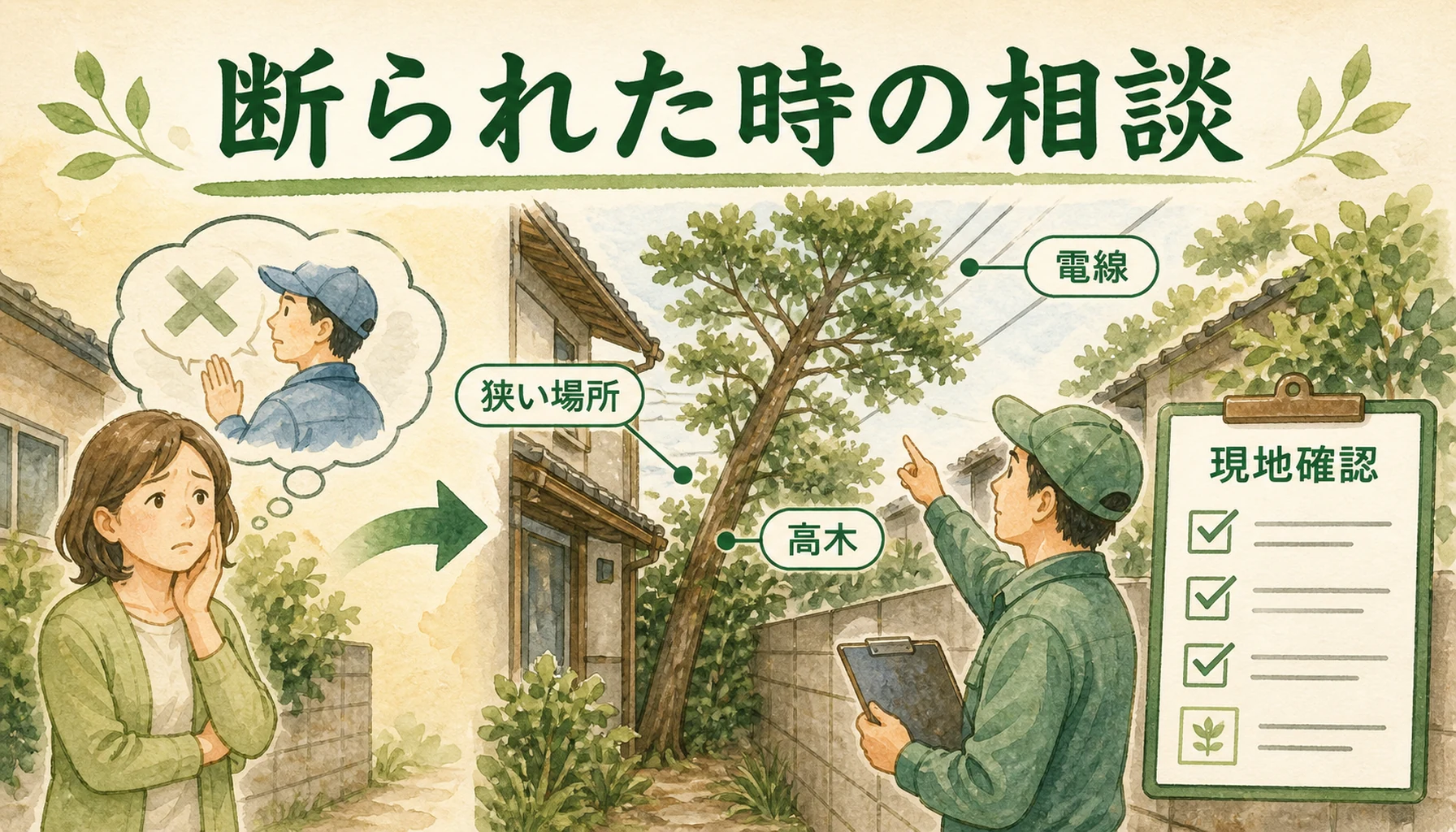他社に断られた庭木伐採で狭い場所・電線・高木・現地確認を示したENISIAの水彩図解