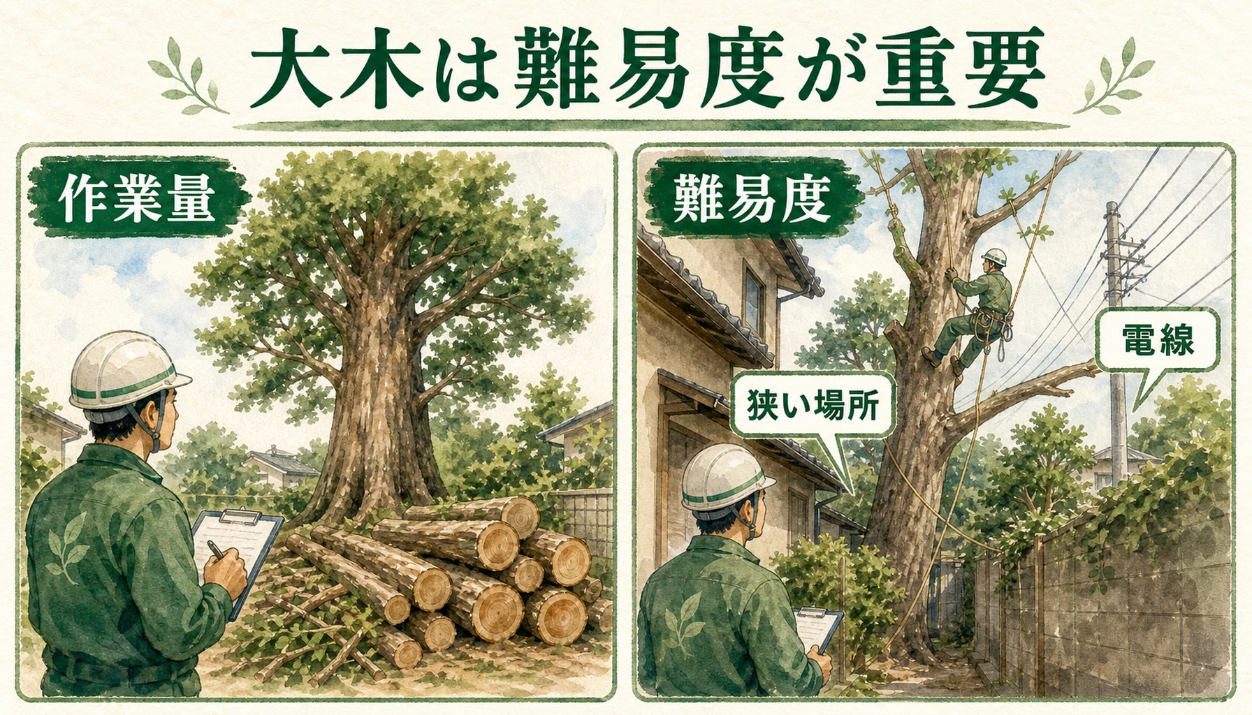大木の伐採料金を左右する作業量と難易度を示したENISIAの水彩図解