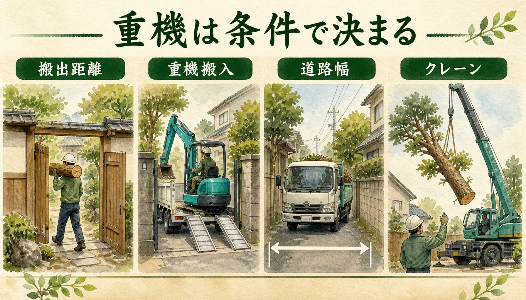 大木伐採で重機が必要になる条件を搬出距離・搬入・道路幅・クレーンで示したENISIAの水彩図解