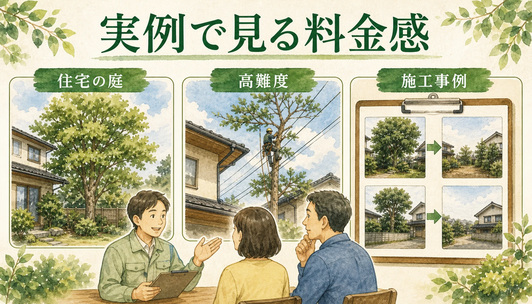 大木伐採の住宅の庭と高難度現場の施工事例を示したENISIAの水彩図解