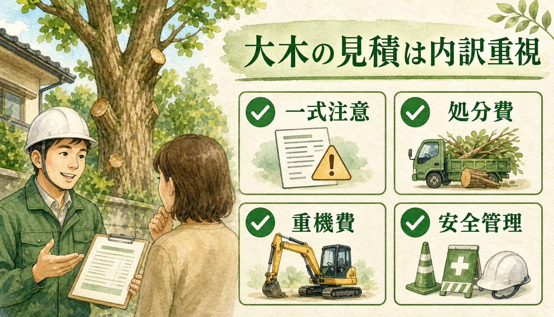 大木の見積書で一式表記や処分費・重機費・安全管理を見ることを示したENISIAの水彩図解