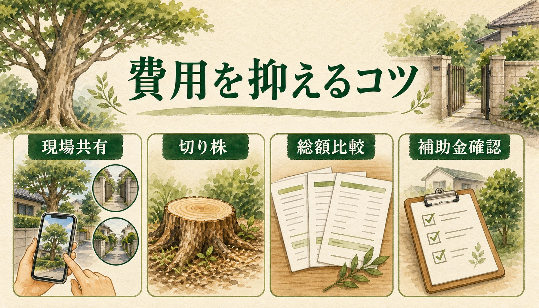 大木の伐採費用を抑える方法を現場共有・切り株・総額比較・補助金確認で示したENISIAの水彩図解