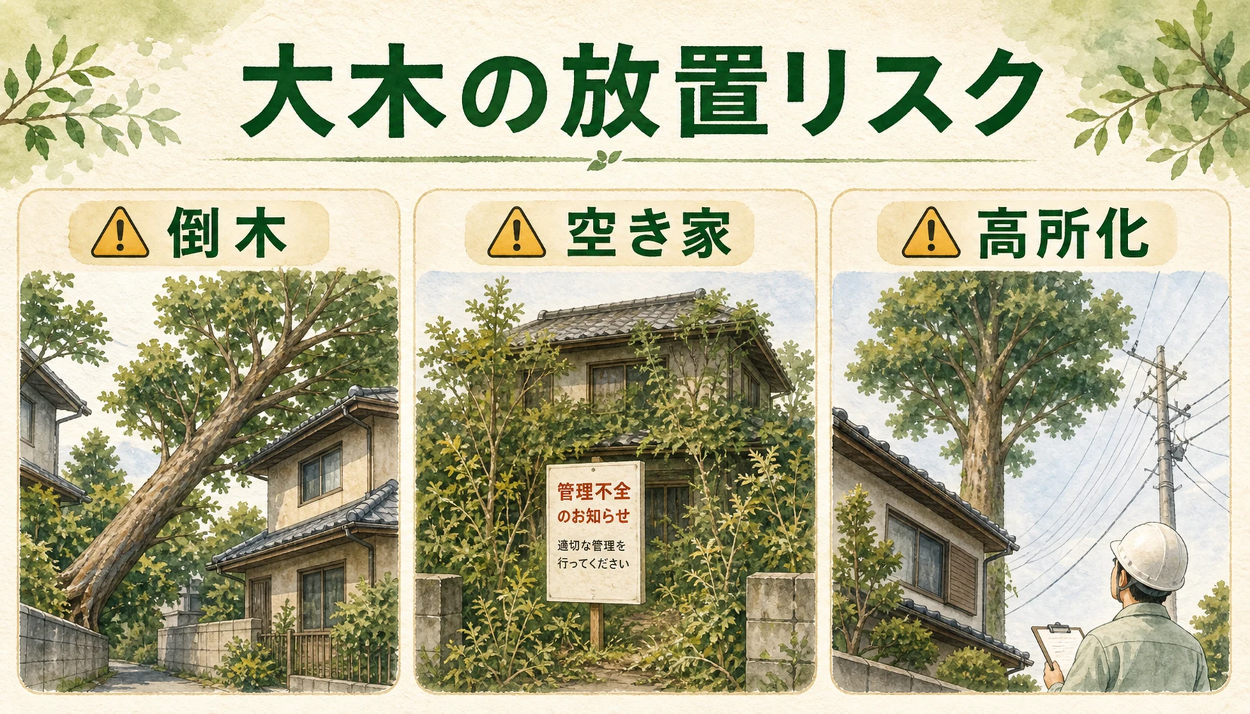大木を放置した場合の倒木・空き家・高所化のリスクを示したENISIAの水彩図解