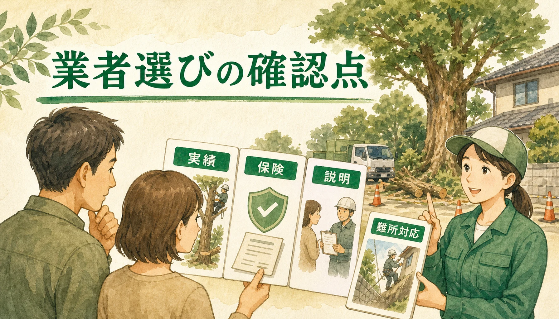 大木伐採の業者選びで実績・保険・説明・難所対応を確認することを示したENISIAの水彩図解