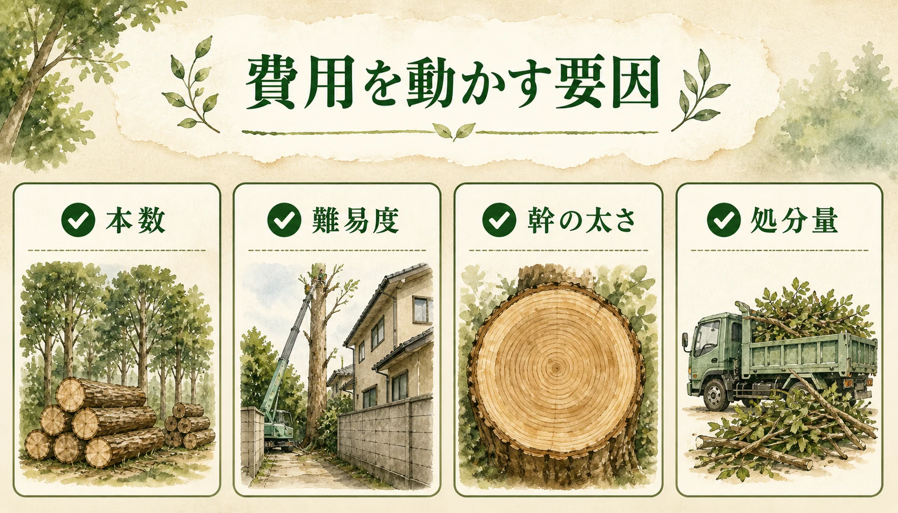 大木伐採の費用を左右する本数や難易度の説明
