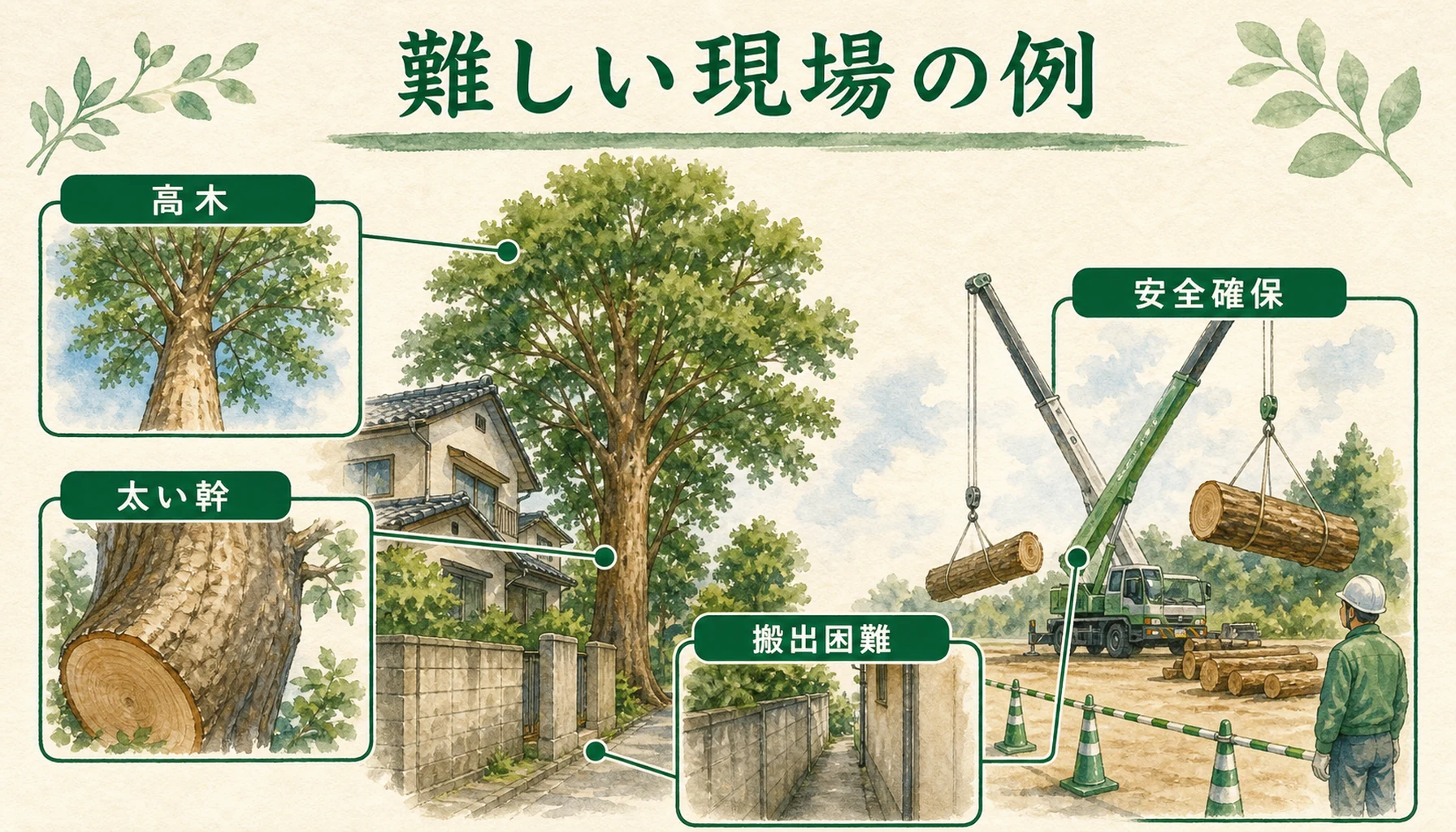 クレーンを使う大木伐採の施工実例イメージ