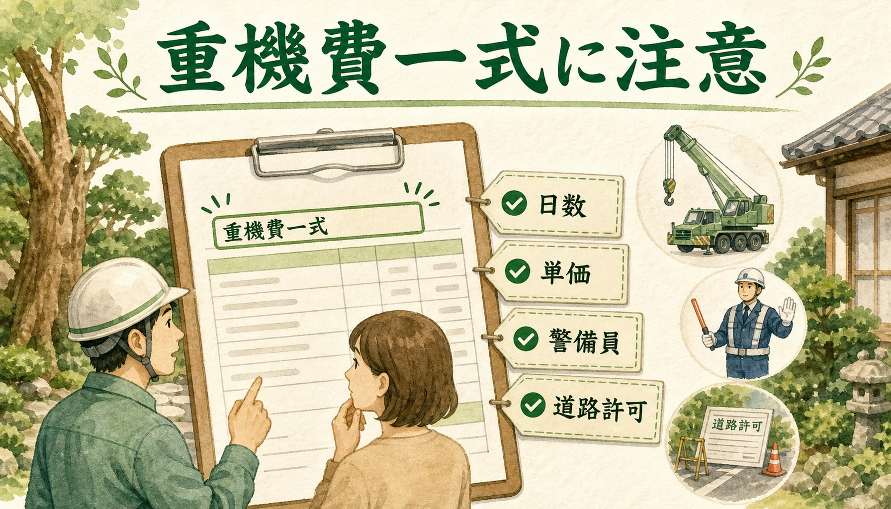 クレーンを使う伐採の見積書で重機費や道路許可を確認する説明