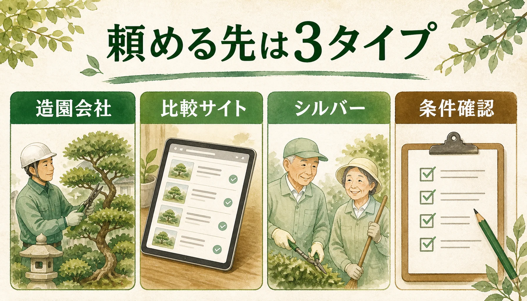 伐採を頼める先の種類と向いている場面を示す図解