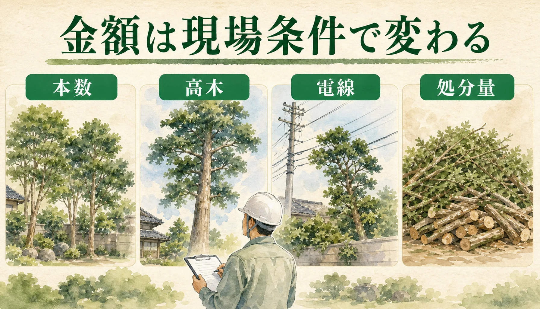 伐採費用が本数や現場条件で変わることを示す図解