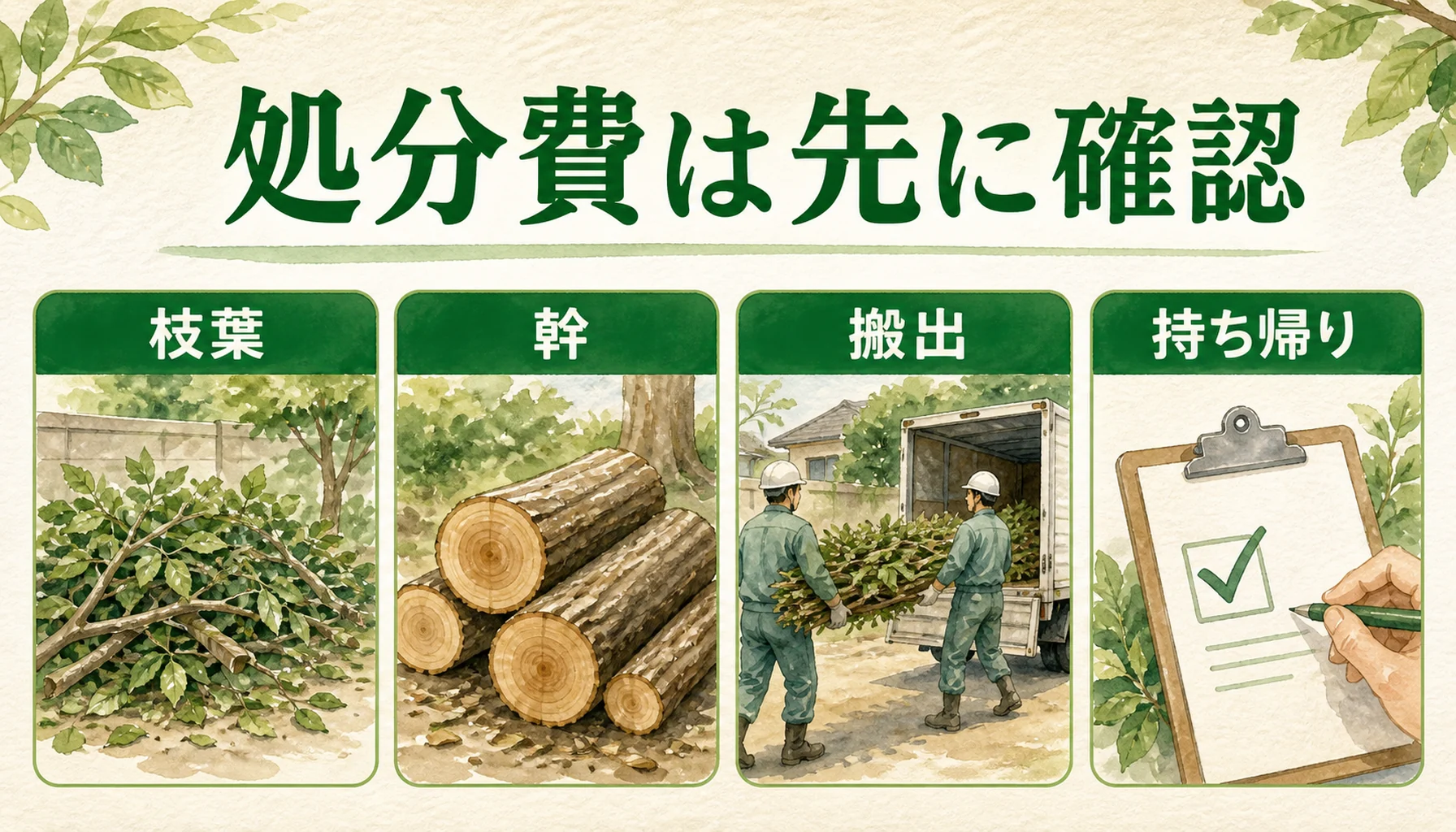 伐採後の処分費と搬出の確認点を示す図解