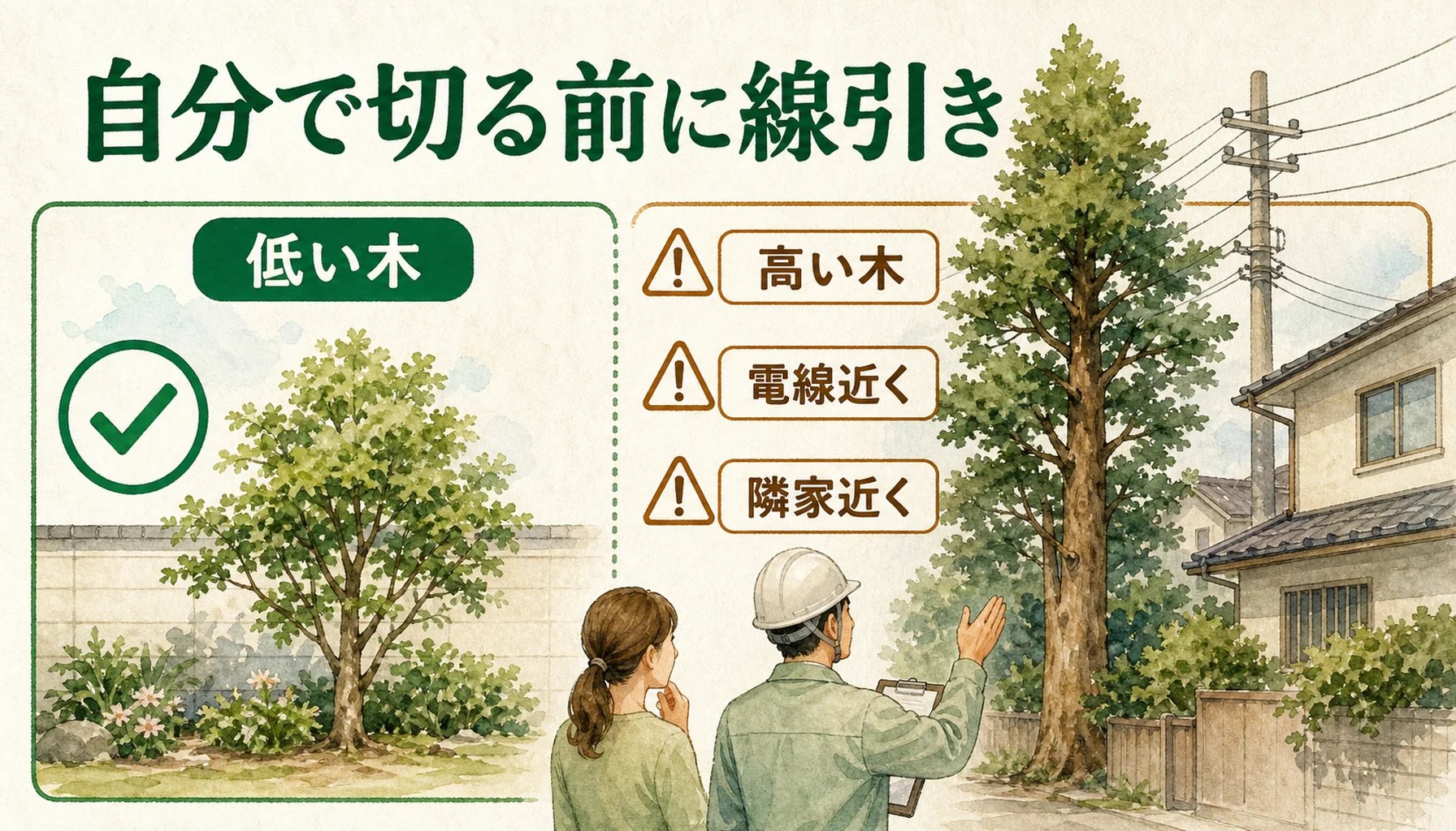 自分で切れる木と業者に頼むべき木を比較する図解