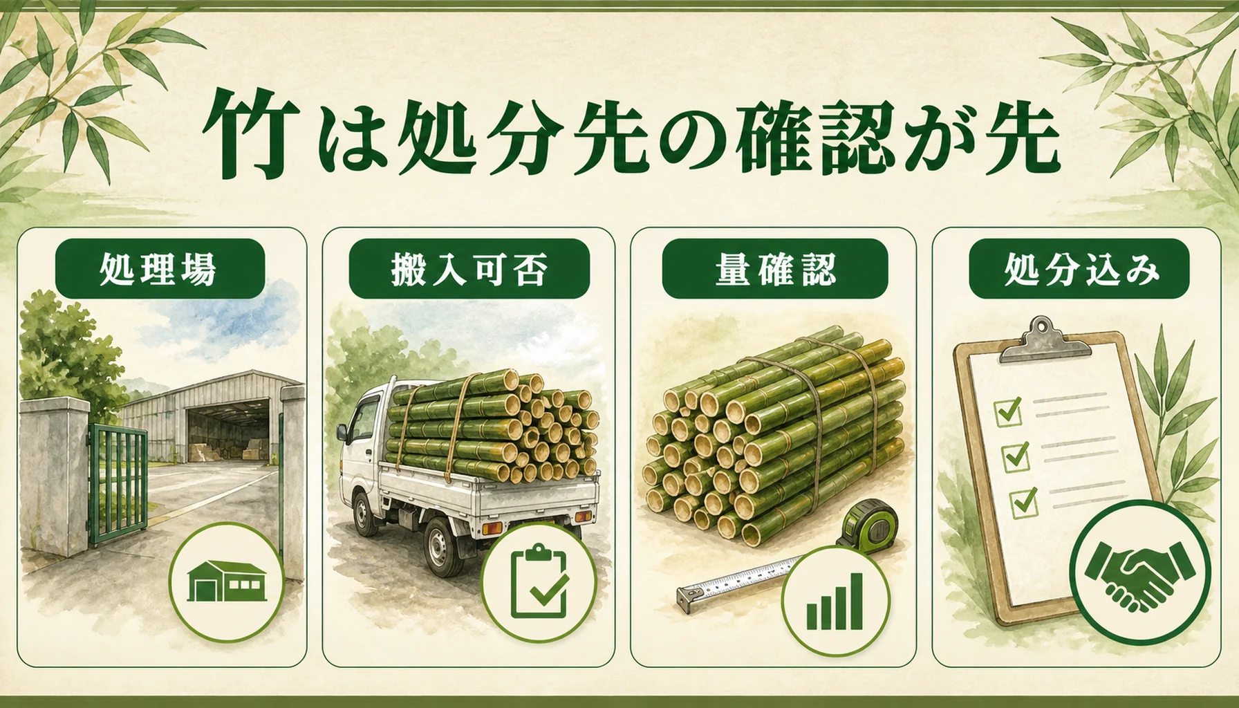 切った竹の処分先と見積もり確認を示す図解