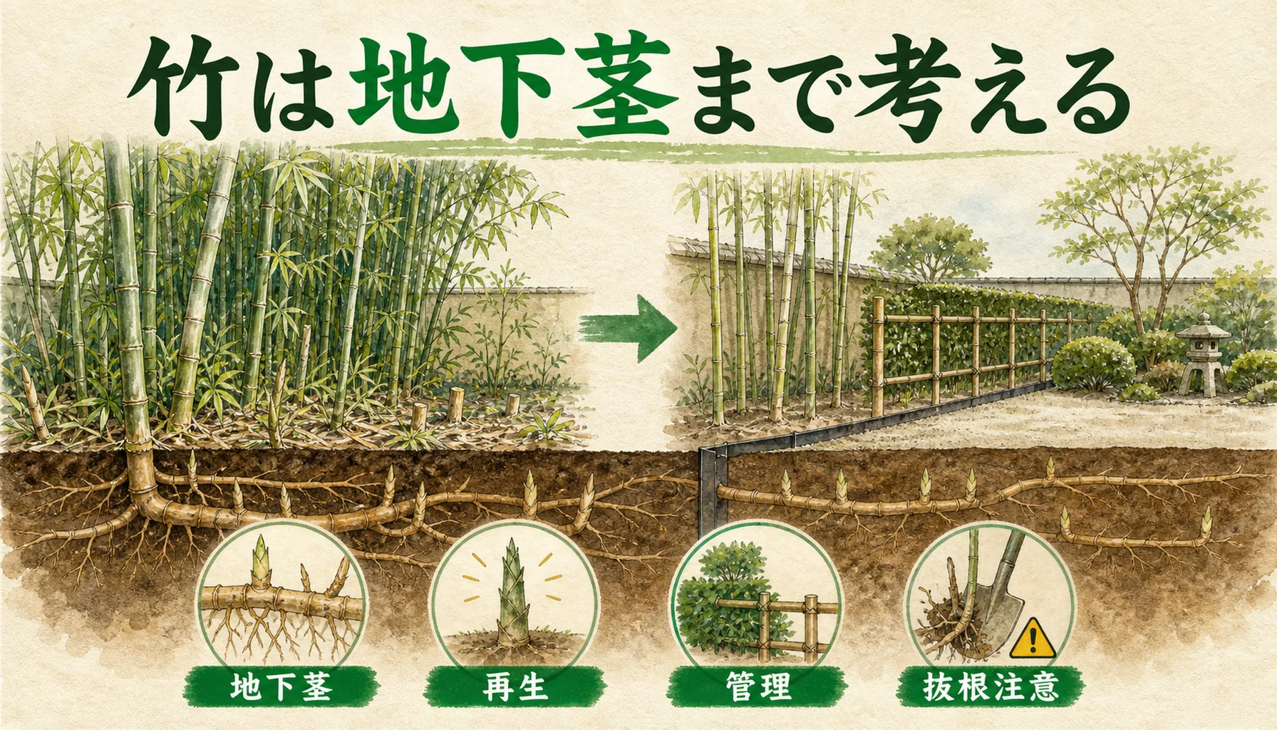 竹が地下茎で再生する仕組みと管理の考え方を示す図解