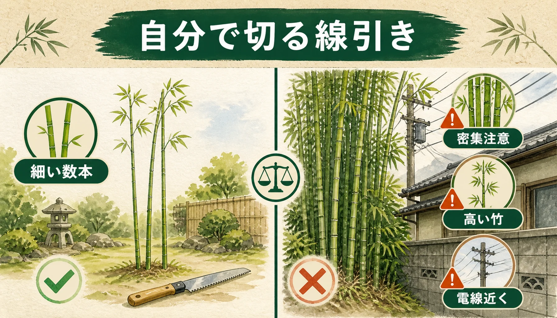 竹を自分で切れる条件と専門業者に頼む条件を比較する図解