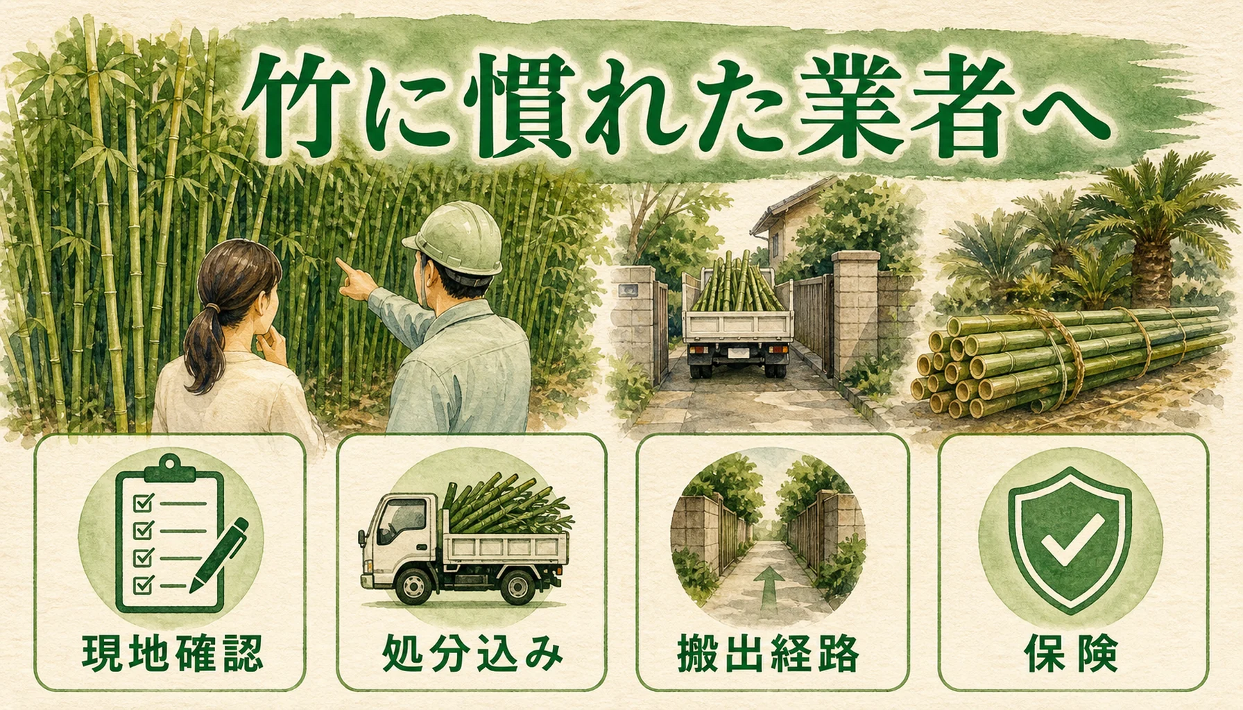 竹伐採を依頼する業者選びの確認点を示す図解