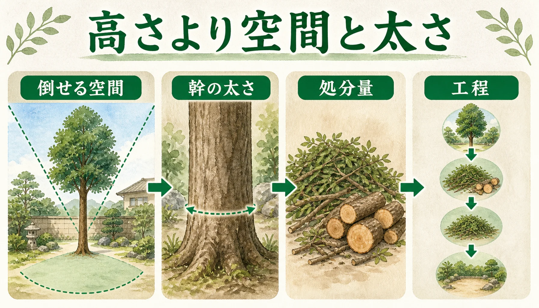 高木伐採費用が高さだけで決まらないことを示す図